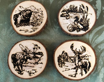 Laser-Engraved Wood Coaster Set: Rustic Wildlife Cabin Decor