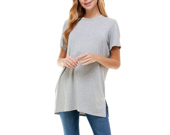 Azules Women's Short Sleeve Side Slit Soft Loose Casual Tunic Tops - Perfect for Leggings and Trendy Comfort