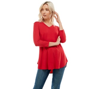 tunic tops for women tshirt women trendy Azules Women's V Neck Tunic Top with 3/4 Sleeves, Loose-fitted Casual Top, Flowy Made in USA Red