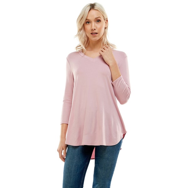 Túnica tops para mujer camiseta mujer moda Azules Túnica con cuello en V para mujer con mangas 3/4, top casual holgado, fluido (fabricado en Estados Unidos)