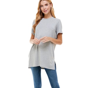 Azules Women's Short Sleeve Side Slit Soft Loose Casual Tunic Tops - Perfect for Leggings and Trendy Comfort