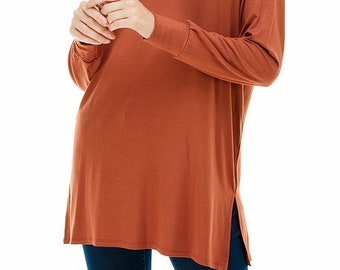 Azules Women's Long Sleeve Side Slit Soft Loose Casual Tunic Tops - Perfect for Leggings and Trendy Comfort