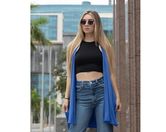 Azules mouwloos vest met zakken, lange hemd met rechte zoom, zachte, rekbare open voorkant, grote maten, vrijetijdskleding