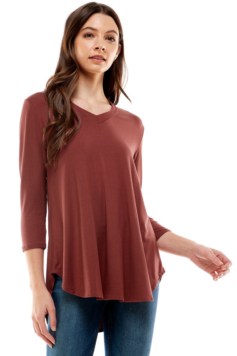 tunic tops for women tshirt women trendy Azules Women's V Neck Tunic Top with 3/4 Sleeves, Loose-fitted Casual Top, Flowy Made in USA Maroon