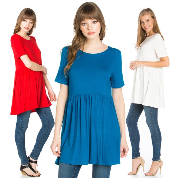 Azules Women's Short Sleeve Ruffle Hem Tunic Top Perfect with Leggings and Jeans [Made in USA]