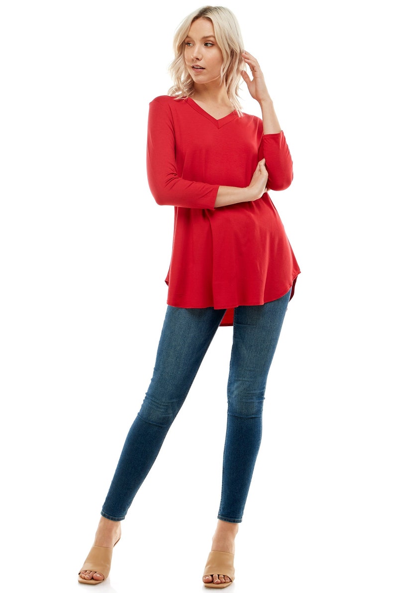 tunic tops for women tshirt women trendy Azules Women's V Neck Tunic Top with 3/4 Sleeves, Loose-fitted Casual Top, Flowy Made in USA Red