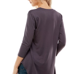 tunic tops for women tshirt women trendy Azules Women's V Neck Tunic Top with 3/4 Sleeves, Loose-fitted Casual Top, Flowy Made in USA Dark Gray