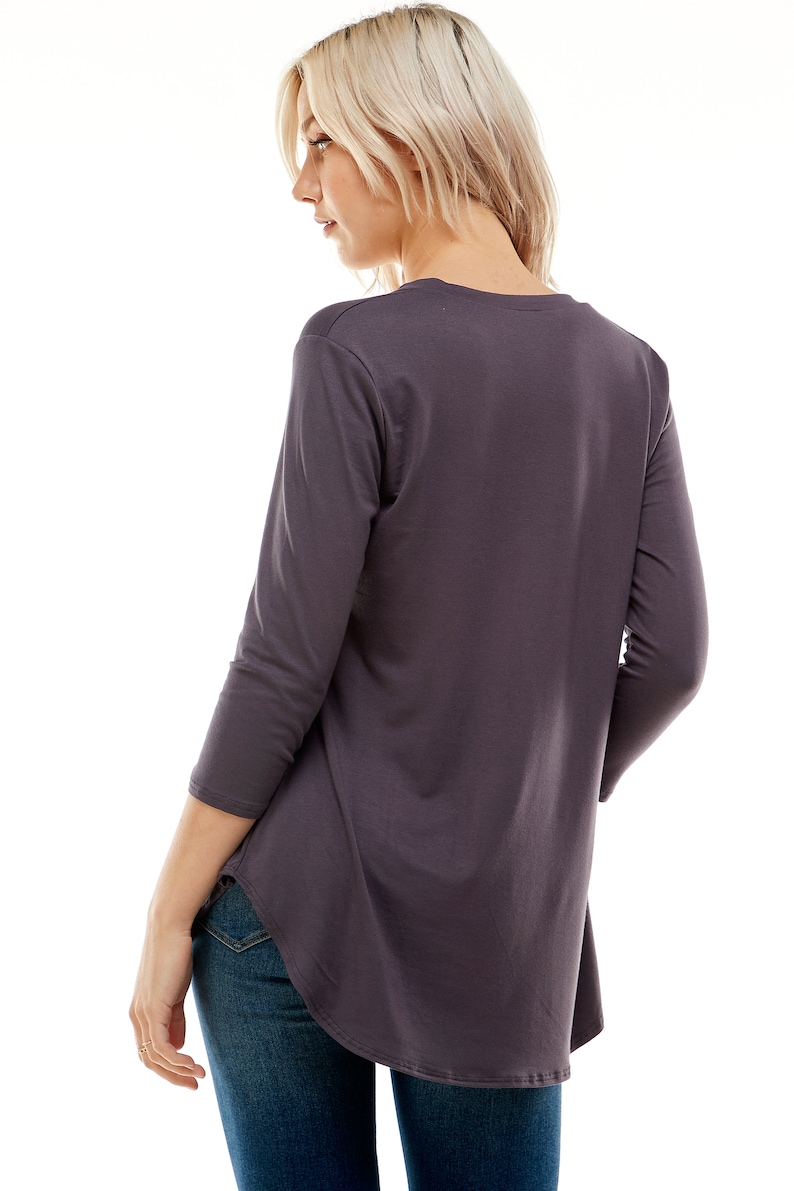 tunic tops for women tshirt women trendy Azules Women's V Neck Tunic Top with 3/4 Sleeves, Loose-fitted Casual Top, Flowy Made in USA Dark Gray