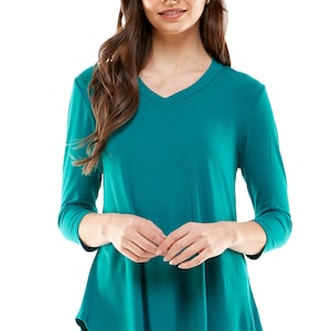 tunic tops for women tshirt women trendy Azules Women's V Neck Tunic Top with 3/4 Sleeves, Loose-fitted Casual Top, Flowy Made in USA Dark Jade