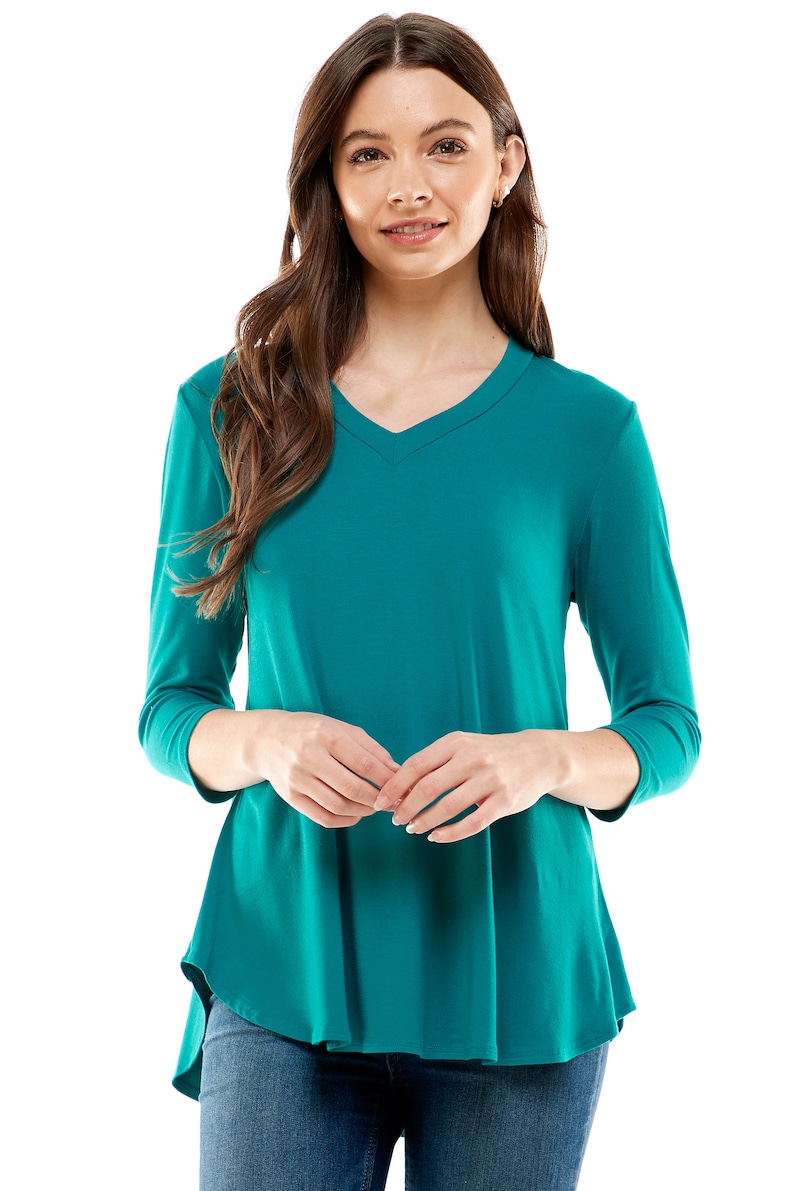 tunic tops for women tshirt women trendy Azules Women's V Neck Tunic Top with 3/4 Sleeves, Loose-fitted Casual Top, Flowy Made in USA image 3