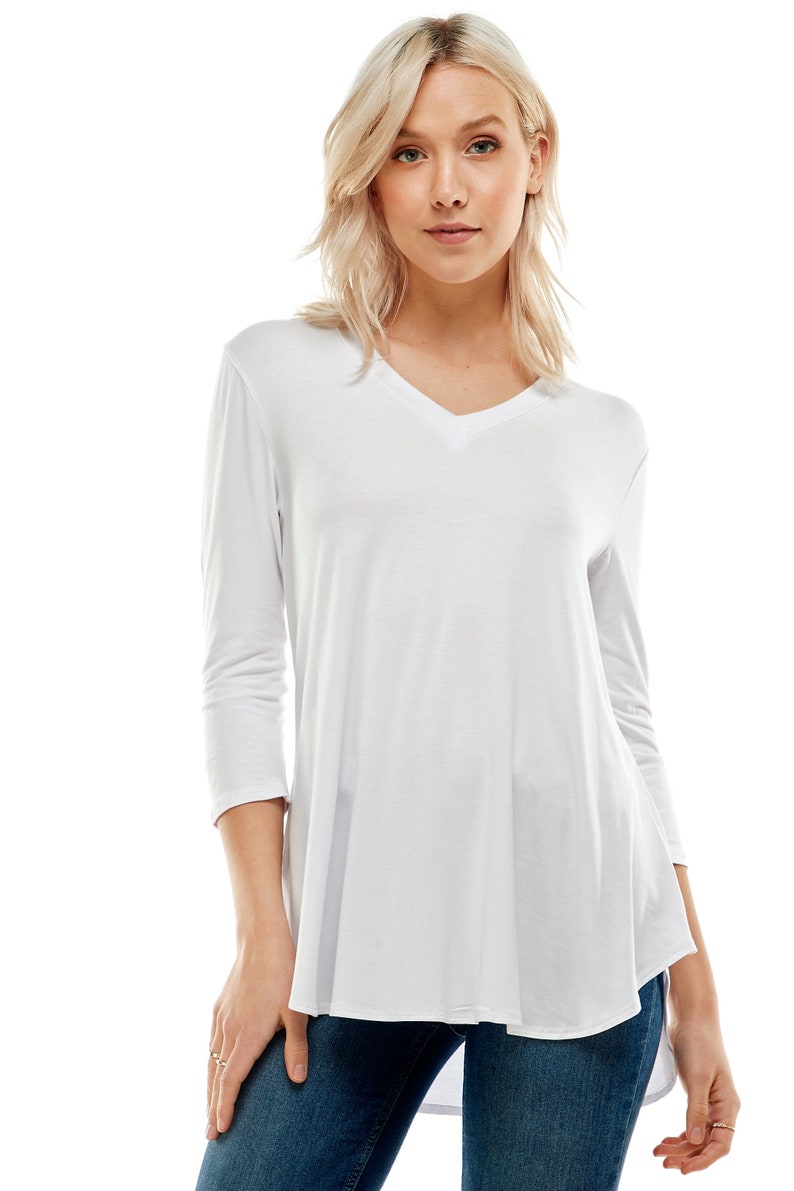 tunic tops for women tshirt women trendy Azules Women's V Neck Tunic Top with 3/4 Sleeves, Loose-fitted Casual Top, Flowy Made in USA White