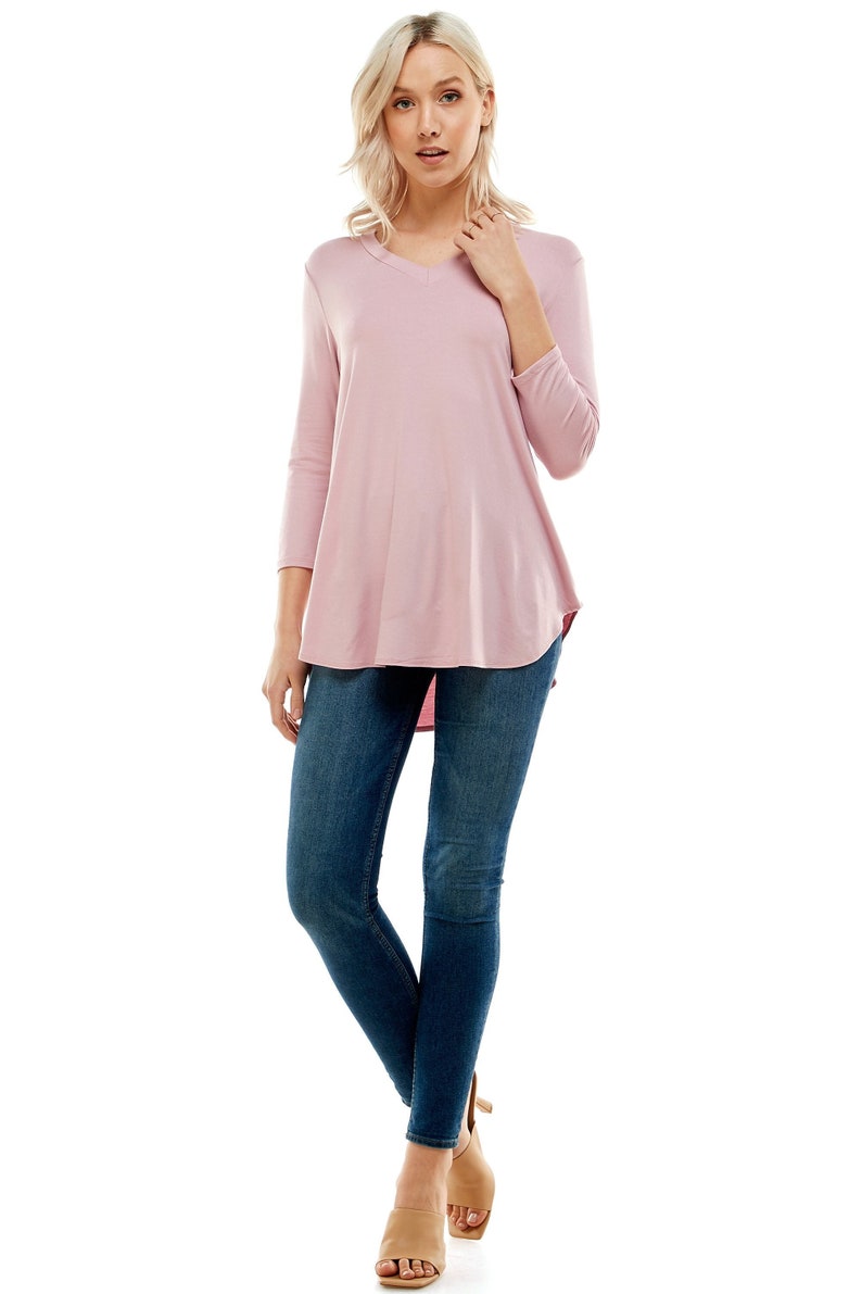 tunic tops for women tshirt women trendy Azules Women's V Neck Tunic Top with 3/4 Sleeves, Loose-fitted Casual Top, Flowy Made in USA Mauve