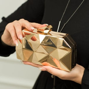 Pochette de soirée pour femme, pochette métallique dorée, pochette de mariage en métal doré, pochette de soirée dorée avec chaîne amovible, pochette