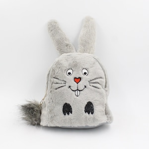 Sac à dos lapin en peluche pour tout-petit, sac à dos préscolaire, matériau en peluche gris, cadeaux pour enfants, cadeaux bébé garçon, sac de pépinière, retour à l'école