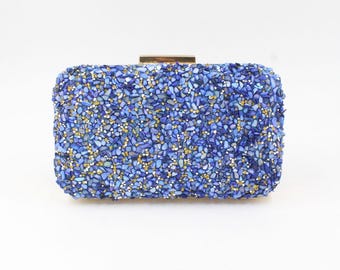 Women Evening Clutch Bags Evening Bag with Bast Blue Natural Stone Wedding Bag Bast Blue Evening Bag With Removable Chain,Clutch Bag