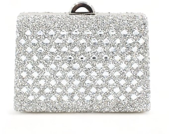 Bolsos de mano de noche para mujer Bolso de boda Bolso de noche de piedra plateada Stony plateado con cadena extraíble Bolso de mano con adorno de cristal artificial