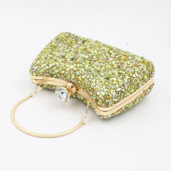 Women Evening Clutch Bags Light Green Evening Bag with Natural Stone Wedding Bag  Evening Bag With Removable Chain,Clutch Bag