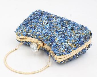 Women Evening Clutch Bags Blue Evening Bag with Natural Stone Wedding Bag Stony Evening Bag With Removable Chain,Clutch Bag