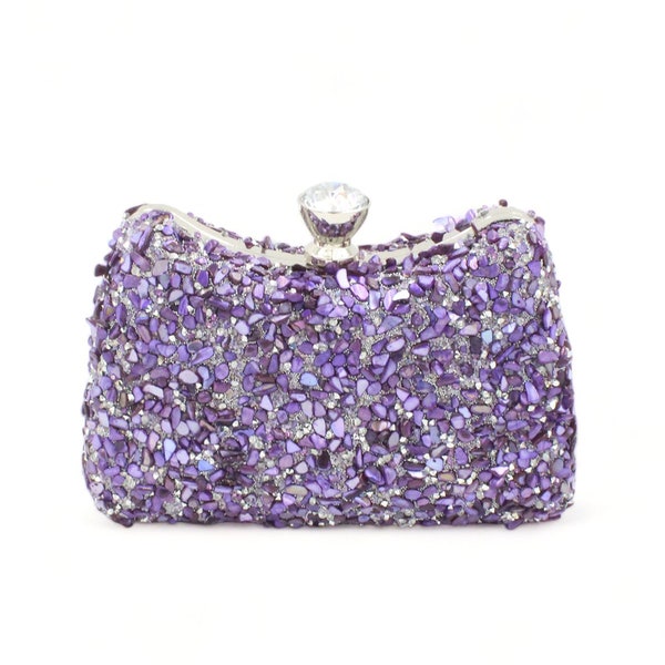 Pochette de soirée pour femme Sac de soirée violet avec sac de mariage en pierre naturelle Sac de soirée violet avec chaîne amovible, pochette