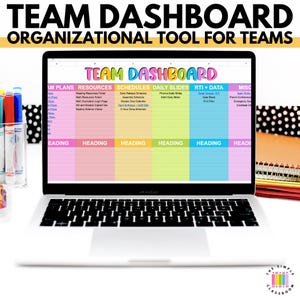 May include: A laptop computer displaying a colourful team dashboard template with headings for AM Plans, Resources, Schedules, Daily Slides, RTI + Data, and Misc. The template is designed to help teachers organise their daily tasks and activities.