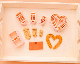 School pack polymer clay cutters, heart pencil clay cutter, pencil clay cutter, book clay cutter