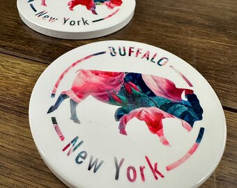 Buffalo Floral Pattern Ceramic Coasters (Pair)