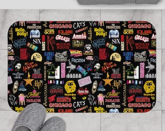 Broadway Musical Theater Icons Inspired Bath Mat Rug Gift Home Art Gift Unique Room Decor Rent Frozen Phantom Hamilton Six Playbills Logos