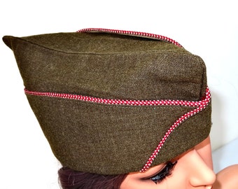 Vintage Garrison Cap Flat Hat Olive Drab Green Wool Serge 1940s Military QMC 8-114 Enlisted Men Army Air Force Engineer WWII Collectable