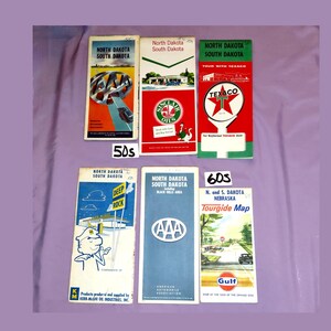 May include: A collection of vintage North Dakota and South Dakota road maps from the 1950s and 1960s. The maps feature various sponsors, including Texaco, Sinclair Oils, AAA, and Kerr-McGee Oil Industries.