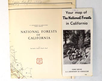 California National Forests Map State Vintage Map 40s 60s  Car Park Road Forest 70s Rare Original