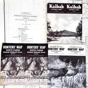 May include: A collection of vintage maps and brochures related to the Kaibab National Forest in Arizona. The items include a detailed map from 1942, brochures from 1944, and Hunters' Maps from 1965 and 1967, all in black and white.