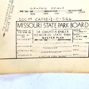 May include: A vintage architectural plan for the Dr. Edmund A. Babler Memorial State Park, Missouri. The document includes a graphic scale, the Missouri State Park Board logo, and the date September 1930. The plan is labeled "Master Plan".