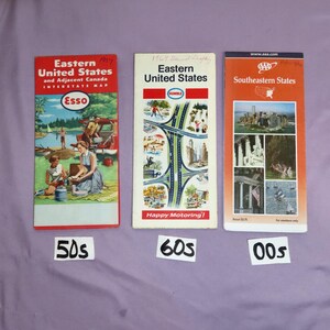 May include: Three vintage road maps from the 1950s, 1960s, and 1970s. The maps are for the Eastern United States, Southeastern States, and Eastern United States and Adjacent Canada. The maps are all in color and feature illustrations of landmarks and scenic views.