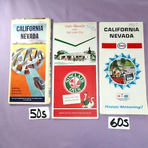 May include: Three vintage road maps from the 1950s and 1960s. The first map is for California and Nevada and features the AAA logo. The second map is for Utah and Nevada and features a Sinclair gas station and the Sinclair Oil logo. The third map is for California and Nevada and features the ENCO logo. The maps are all in good condition and would be a great addition to any vintage travel collection.