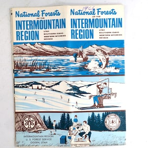 May include: A vintage brochure titled "National Forests of the Intermountain Region." The cover features illustrations of outdoor activities like fishing, skiing, and camping. The brochure is in shades of blue, brown, and white, with text indicating the U.S. Forest Service.