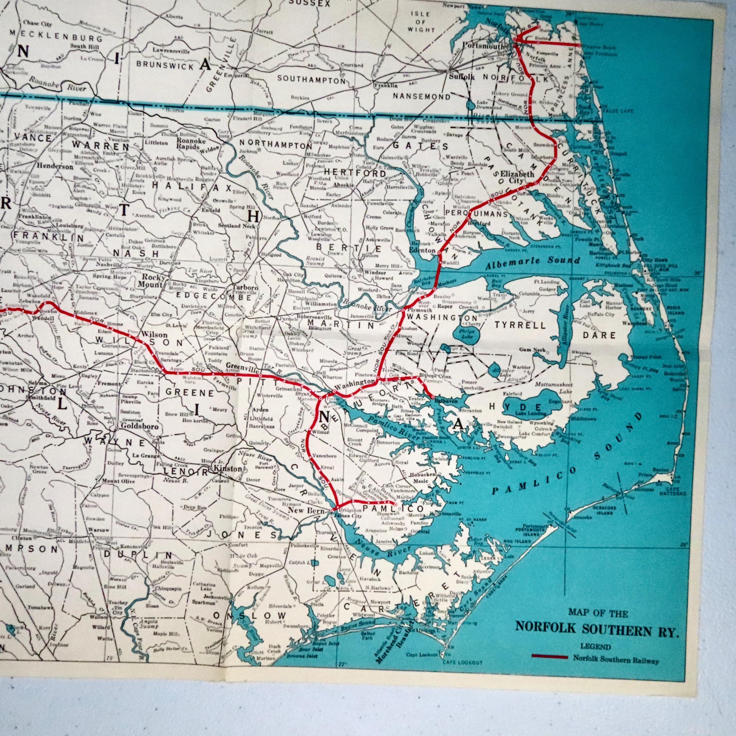 Norfolk Southern Railway Map North Carolina Map Jan 1955 Vintage 50s ...
