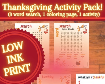 LOW INK Thanksgiving Activity Pack Printable (3 word search, 1 coloring page, 1 activity)