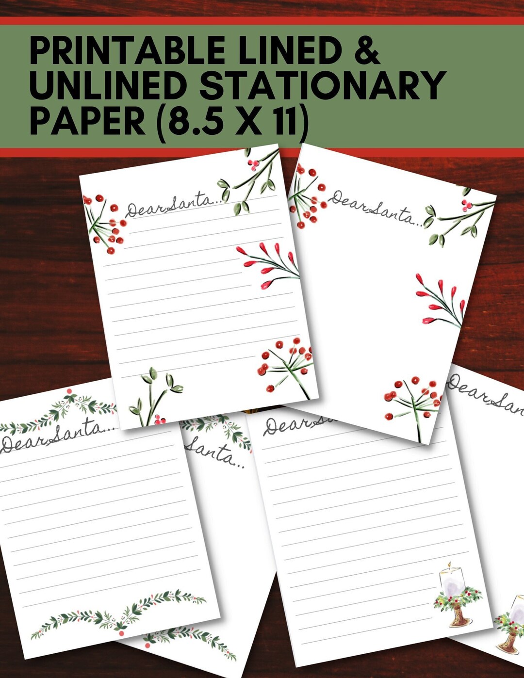PRINTABLE Holiday/santa Stationary 3 Lined Unlined Stationary Paper 8 PRINTABLE Holiday/santa Stationary 3 Lined Unlined Stationary Paper 8