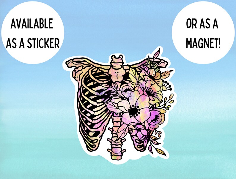 May include: A watercolour illustration of a ribcage with flowers growing from it. The flowers are pink, yellow, and white. The ribcage is outlined in black and has a watercolour effect. The background is a light blue.