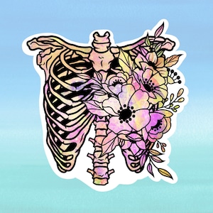 May include: A colourful illustration of a human ribcage with pink, yellow and purple flowers growing from it. The flowers are stylised and have a watercolour effect.
