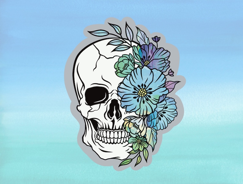 May include: A white skull with a floral design covering one eye. The flowers are blue, purple, and green.