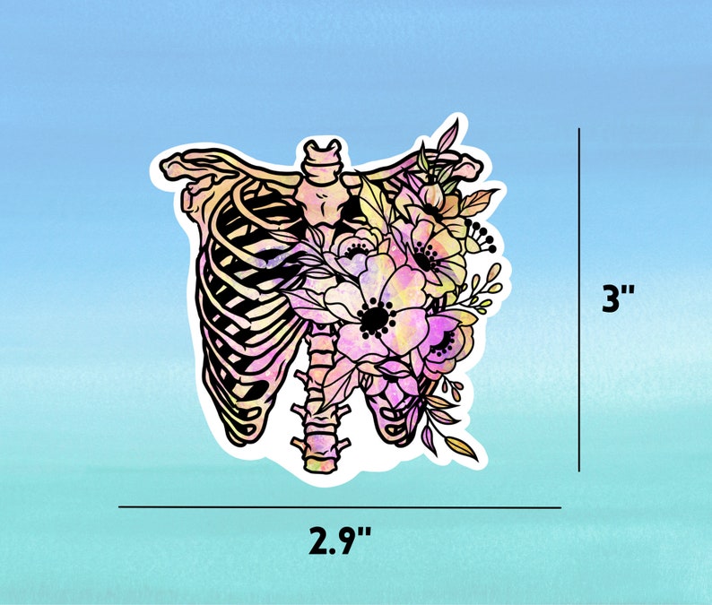 May include: A colourful sticker featuring a watercolour-style illustration of a ribcage with flowers growing from it. The ribcage is outlined in black and the flowers are in shades of pink, yellow, and orange. The sticker is 2.9 inches wide and 3 inches tall.