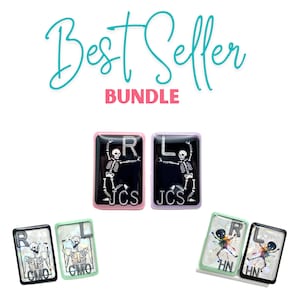 May include: A bundle of rectangular accessories with skeleton designs. The accessories are in various colors, including pink, purple, green, and black. The text "Best Seller Bundle" is displayed in teal and pink.