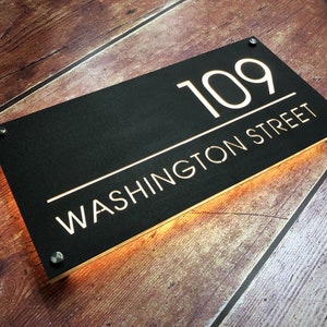 Huisnummers modern horizontaal licht, verlicht huisbord modern, huisnummers verlicht voor voortuin, huisnummers verlicht