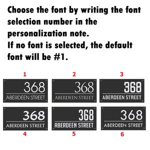 Pu&ograve; includere: Sei diversi stili di font per i numeri civici sono mostrati su cartelli rettangolari neri. I cartelli mostrano il numero 368 e il nome della strada "Aberdeen Street". Scegli il tuo stile di font preferito selezionando il numero corrispondente.