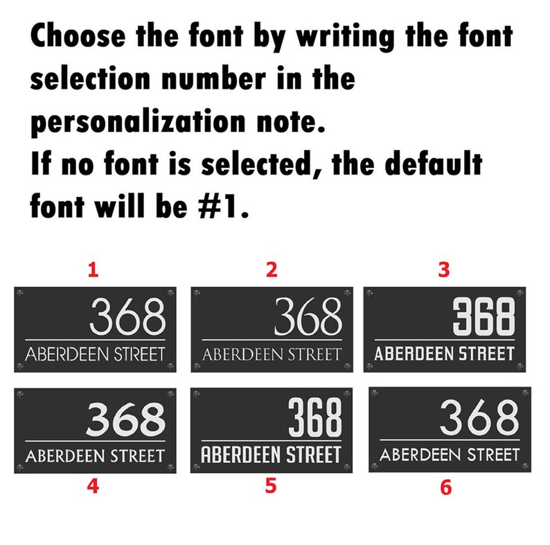 Pu&ograve; includere: Sei diversi stili di font per i numeri civici sono mostrati su cartelli rettangolari neri. I cartelli mostrano il numero 368 e il nome della strada "Aberdeen Street". Scegli il tuo stile di font preferito selezionando il numero corrispondente.