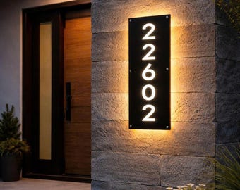 Custom Illuminated House Number Sign, LED Backlit Address Plaque, Modern Outdoor Address Numbers, Warm White Light, Floating
