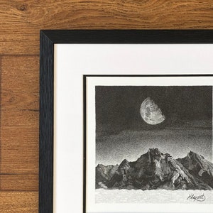 Reflection • Print, mountain landscape illustration, nature interior decoration, illustrated mountain and moon poster, minimalist art