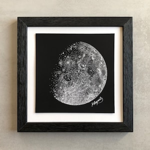 In the Shadow • Original Moon Illustration, Moon Phase, Cosmic Poster, Handmade Pointillism, Black and White, Minimalist Wall Art