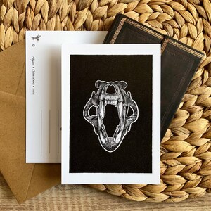 Crâne d’Ours • Carte illustrée A6, illustration squelette animal sauvage, fait à l’encre en pointillisme, noir et blanc, inspiration nature